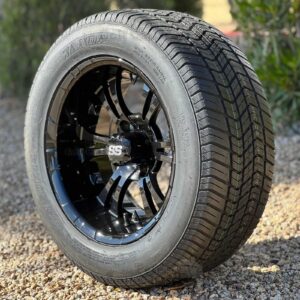 14" Vampire Gloss Black Golf Cart Wheels and 225/50R14 Steel Belted Radial DOT Street/Turf Tires Combo - Set of 4 (23" tall)