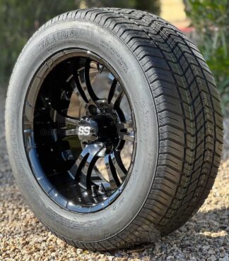 14-inch-vampire-gloss-black-golf-cart-wheels-and-225/50R14-wanda-steel-belted-radial-golf-cart-street-turf-tires-combo-for-lifted-golf-carts