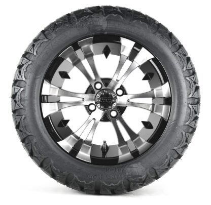 14" Vampire black/machined aluminum wheels mounted on 23x10-14 Odyssey Helix All Terrain Golf Cart Tires - Set of 4