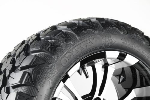 14" Vampire black/machined aluminum wheels mounted on 23x10-14 Odyssey Helix All Terrain Golf Cart Tires - Set of 4