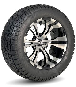 14" Vampire Black/Machined Golf Cart Wheels and 23x10-R14 Sawgrass Radial Golf Cart Tires for Street and Turf Use