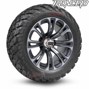 14" Vector Gunmetal Golf Cart Wheels and 23x10-14 Ironclad All Terrain Golf Cart Tires Combo - Set of 4 (23" tall)
