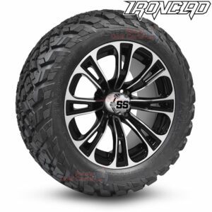14" Vector Black/Machined Golf Cart Wheels and 23x10-14 Ironclad All Terrain Golf Cart Tires Combo - Set of 4 (23" tall)