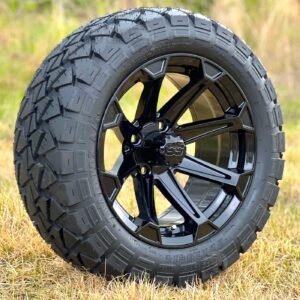14" Viking Gloss Black Golf Cart Wheels and 22x10-14 Trail Fox All Terrain Golf Cart Tires Combo - Set of 4 (22" tall)