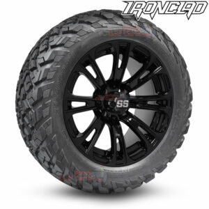 14" Voodoo Gloss Black Golf Cart Wheels and 23x10-14 Ironclad All Terrain Golf Cart Tires Combo - Set of 4 (23" tall)