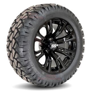 14-inch-voodoo-gloss-black-golf-cart-wheels-and-23x10.5-14-stinger-dot-all-terrain-golf-cart-tires-combo