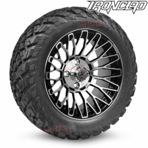 14" Vulture Black/Machined Golf Cart Wheels and 23x10-14 Ironclad All Terrain Golf Cart Tires Combo - Set of 4 (23" tall)