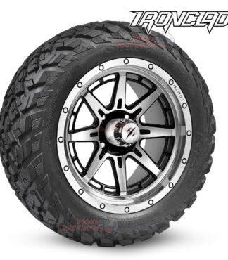 14" Wolverine Black/Machined Golf Cart Wheels and 23x10-14 Ironclad All Terrain Golf Cart Tires Combo - Set of 4 (23" tall)