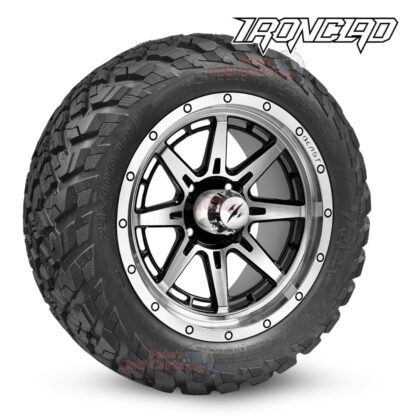 14" Wolverine Black/Machined Golf Cart Wheels and 23x10-14 Ironclad All Terrain Golf Cart Tires Combo - Set of 4 (23" tall)