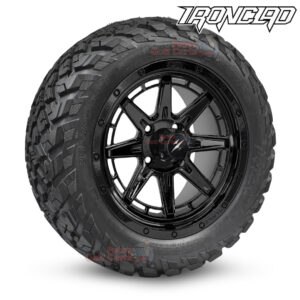 14" Wolverine Gloss Black Golf Cart Wheels and 23x10-14 Ironclad All Terrain Golf Cart Tires Combo - Set of 4 (23" tall)