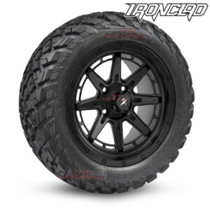 14" Wolverine Matte Black Golf Cart Wheels and 23x10-14 Ironclad All Terrain Golf Cart Tires Combo - Set of 4 (23" tall)