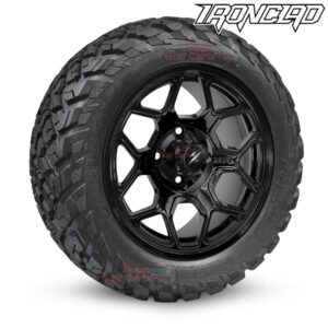 14" Yeti Gloss Black Golf Cart Wheels and 23x10-14 Ironclad All Terrain Golf Cart Tires Combo - Set of 4 (23" tall)