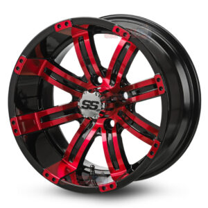 14″ Tempest Red/Black Golf Cart Wheels Set of 4 | ET -15mm 14″x7″