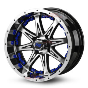 14″ Revenge Black/Machined Golf Cart Wheels with Blue Inserts Set of 4 | ET -15mm 14″x7"