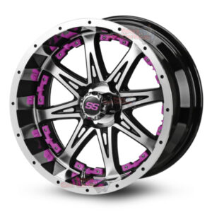 14″ Revenge Black/Machined Golf Cart Wheels with Pink Inserts Set of 4 | ET -15mm 14″x7"