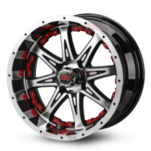 14″ Revenge Black/Machined Golf Cart Wheels with Red Inserts Set of 4 | ET -15mm 14″x7"