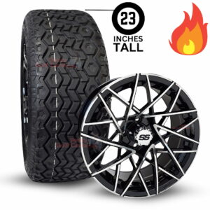 15" RX395 Black/Machined Golf Cart Wheels and 23x8.5R15 Steel Belted Radial DOT All Terrain Golf Cart Tires Combo - Set of 4 (23" tall)