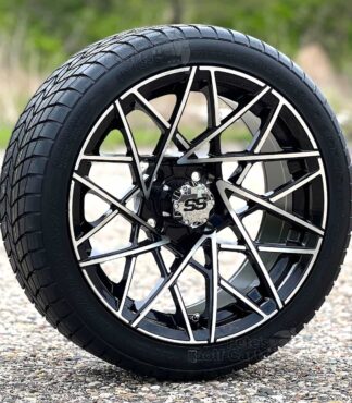 15-inch-RX395-black-machined-golf-cart-wheels-205/35R15-rhox-road-hawk-steel-belted-radial-21-inch-tall-golf-cart-tires-combo-set-of-4-ezgo-yamaha-petesgolfcarts