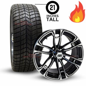 15" RX398 Black/Machined Golf Cart Wheels and 205/35R15 Steel Belted Radial DOT Street/Turf Golf Cart Tires Combo - Set of 4 (20 ¾" tall)