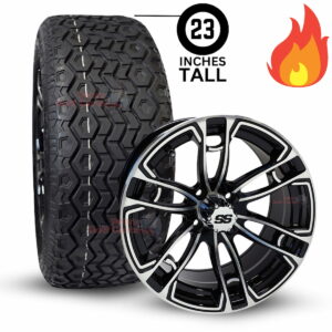 15" RX398 Black/Machined Golf Cart Wheels and 23x8.5R15 Steel Belted Radial DOT All Terrain Golf Cart Tires Combo - Set of 4 (23" tall)