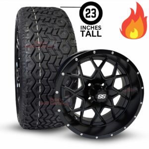 15" Matrix Gloss Black Golf Cart Wheels and 23x8.5-15 DOT All Terrain Golf Cart Tires Combo - Set of 4 (23" tall)