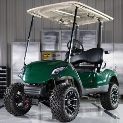 King XD 4" lift kit installed on green Yamaha G29 Drive model golf cart.