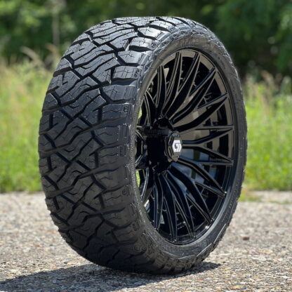 16-inch-gtw-blur-gloss-black-golf-cart-wheels-23x9R16-225_40R16-maverick-steel-belted-radial-all-terrain-tires-combo-ezgo-clubcar-yamaha-23-inches-tall