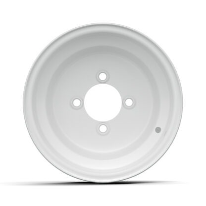 Face on view of 10" white steel golf cart wheel with 3:4 negative offset by GTW, Item # 1724.