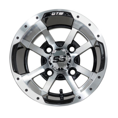 Face view of 10" Storm Troop or Boomerang black/machined golf cart wheel, Item # 19-107.