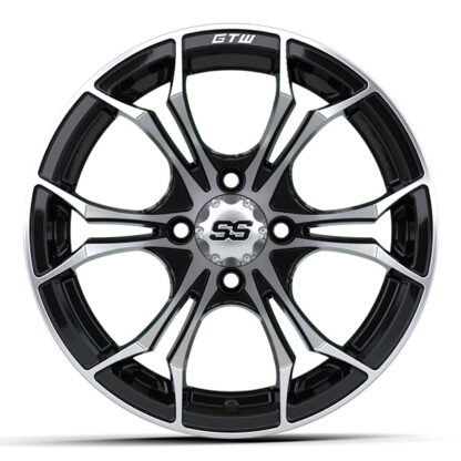 Side view of GTW Spyder 14" golf cart wheel in black and machined aluminum finish, Item #19-221.