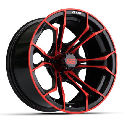 Angled front view of red and black 14" GTW Spyder golf cart wheel, Item #19-222.