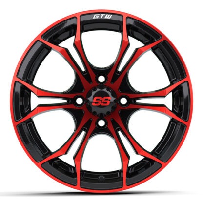Side facing view of red and black 14" GTW Spyder golf cart wheel, Item #19-222.