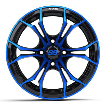 Side profile of the 14" GTW Spyder blue and black golf cart wheel, Item #19-223.