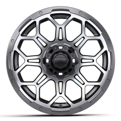 Side view of the GTW Bravo golf cart 14" wheel in a matte gray and machined aluminum finish, Item #19-225.