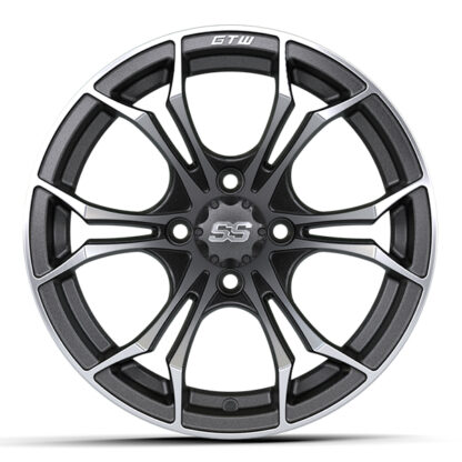 Side profile view of the 14" GTW Spyder matte gray gunmetal and machined aluminum golf cart wheel, Item #19-253.