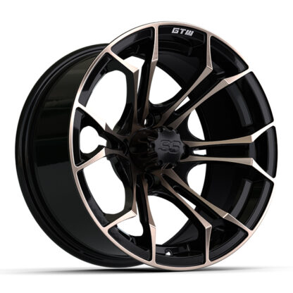 Angled view of the 14" GTW Spyder matte black and bronze aluminum golf cart wheel, Item #19-254.