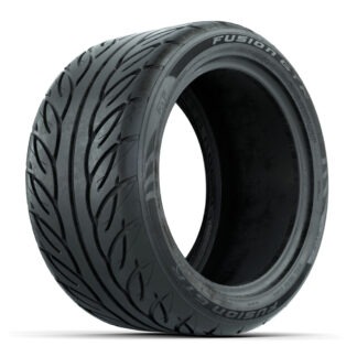 Angled photo of steel belted radial 215/40R12 GTW Fusion GTR golf cart tire, Item# 20-053.