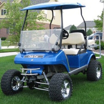 Jakes long travel lift kit installed on blue Club Car DS golf cart.