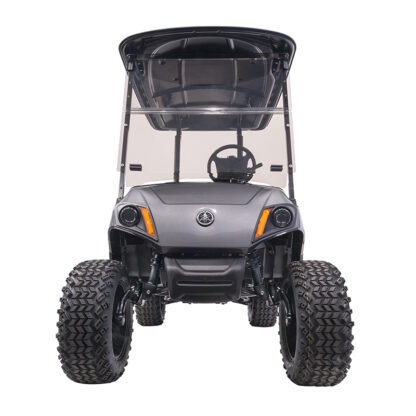 Front view of Yamaha Drive2 gas IRS golf cart with Jakes 6" spindle lift kit installed, Item #7425.