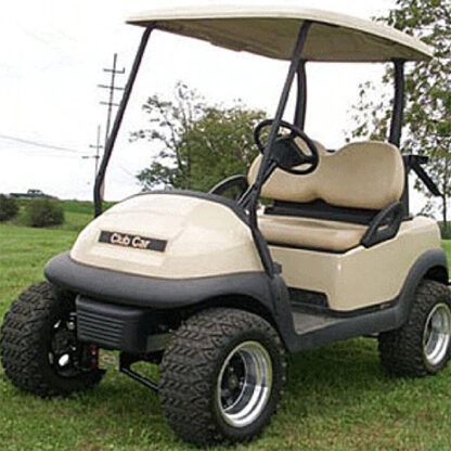 Jakes 7466 4" A-Arm lift kit installed on Club Car Precedent golf cart with 22" tall tires, parked on lawn.