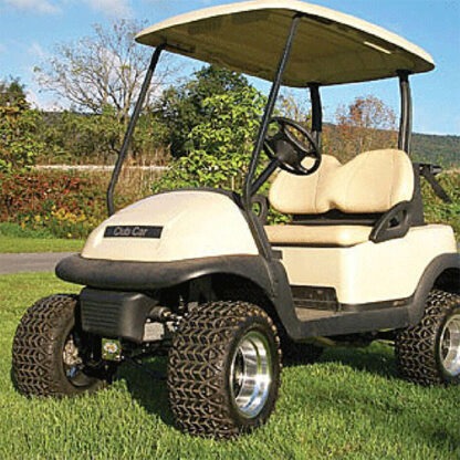 Jakes 7467 lift kit installed on Club Car Precedent golf cart with 23" tall tires, parked on lawn.