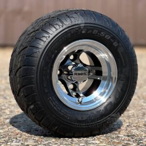 8″ Brickyard Machined/Black Aluminum Golf Cart Wheels and 18x8.50-8 (205/60-8) DOT Street/Turf Golf Cart Tires Combo (18" tall)