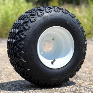 8″ White Steel OEM Golf Cart Wheels and 18×8.5-8 DOT All Terrain Golf Cart Tires Combo (fits all carts!)