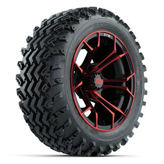 Angled view of mounted combo 23" tall GTW Rogue all terrain and off road golf cart tire mounted on 14" Spyder red and black wheel, Item #A19-1037.