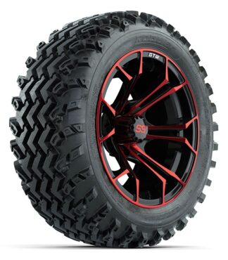 Angled view of mounted combo 23" tall GTW Rogue all terrain and off road golf cart tire mounted on 14" Spyder red and black wheel, Item #A19-1037.