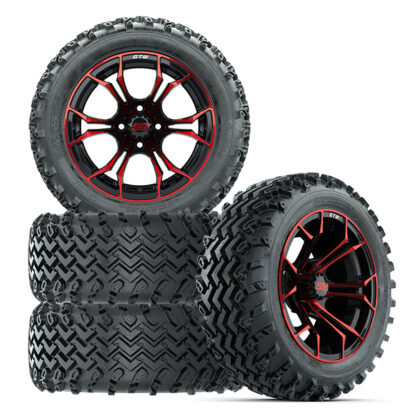 Set of 4 GTW Rogue 23x10-14 All Terrain tires mounted on 14" Red and Black GTW Spyder golf cart wheels, Item #A19-1037.