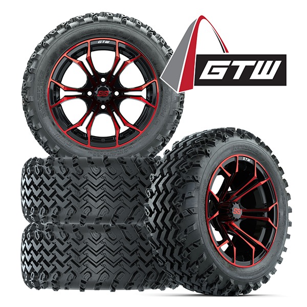 Save with a set of 4 GTW Rogue 23x10-14 All Terrain tires mounted on 14" Red and Black GTW Spyder golf cart wheels, Item #A19-1037.