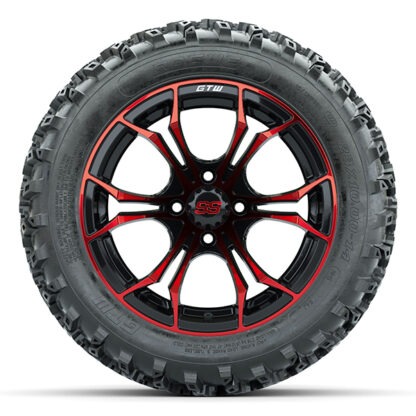 Sidewall view of mounted combo 23" tall GTW Rogue all terrain and off road golf cart tire mounted on 14" Spyder red and black wheel, Item #A19-1037.