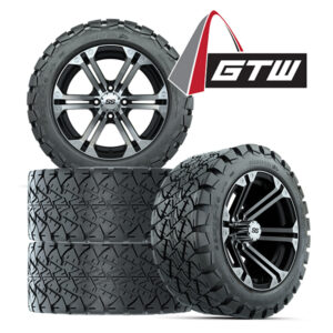Save with a set of 4 22" tall golf cart wheels and tires - GTW Specter Black/Machined 14" wheel mounted on 22x10R14 GTW Timberwolf A/T tires, Item #A19-392 with GTW logo.