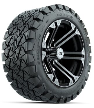 Angled view of 14" Specter GTW golf cart wheel mounted on 22" tall Timberwolf A/T tires, Item #A19-392.